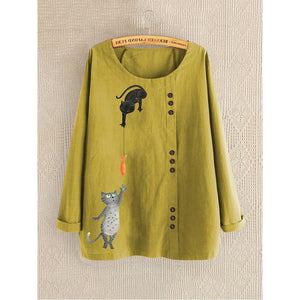 Women solid color crew neck button up long sleeve cat t shirt