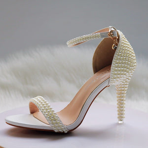 Women rhinestone buckle ring strap peep toe side cut high heels