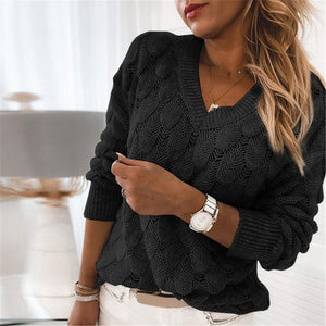 Women knit feather patern pullover v neck sweater