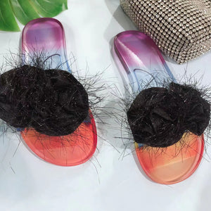 Women flower decor peep toe slide flat jelly sandals
