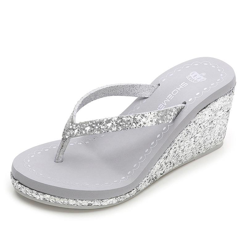 Women summer beach sparkly rhinestone slide wedge flip flop