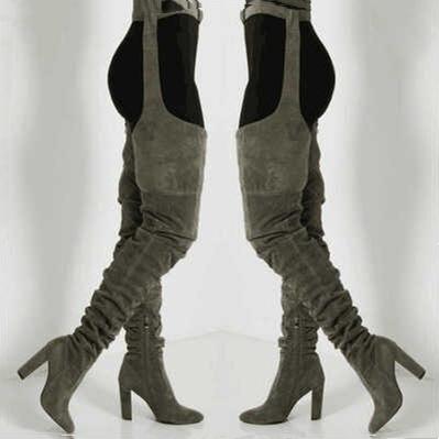 Women fashion chunky heel pointed toe faux fur thigh high boots