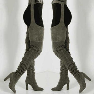 Women fashion chunky heel pointed toe faux fur thigh high boots