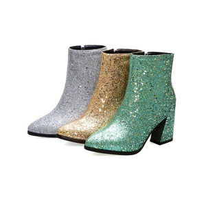 Women pointed toe chunky heel side zipper sequin glitter booties