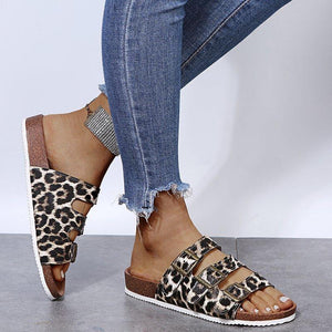 Women summer new fashion three strap buckle flat heel slide sandals