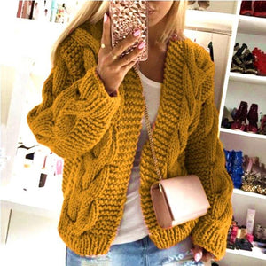 Women hooded knitted long sleeve chunky short cardigan