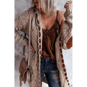 Women hooded patterned long sleeve knitted long cardigan