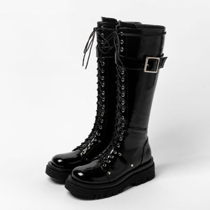 Women's platform knee high zipper boots lace-up platform combat boots