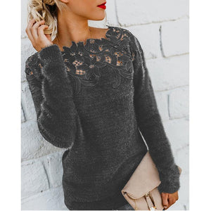 Women lace flower hollow solid color pullover sweater