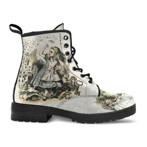 Women beige cartoon print chunky platform short lace up boots