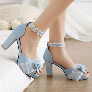 Women cute bowknot peep toe ankle strap chunky heels