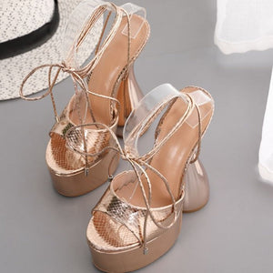 Women chunky heel strappy lace up peep toe platform heels