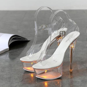 Women shined sparkly platform peep toe ankle strap stiletto clear heels