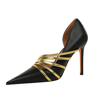 Women prom pointed toe side cut golden strap stiletto heels