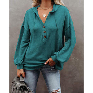 Women v neck button solid color lightweight hoodie sweatshirt