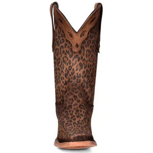 Women mid calf motorcycle chunky heel leopard print boots