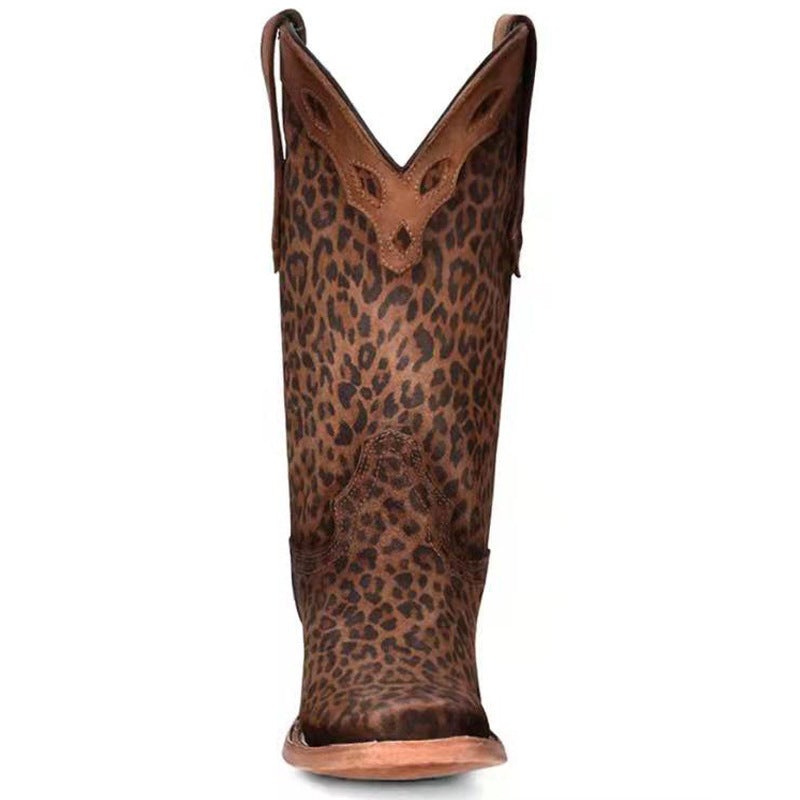 Women mid calf motorcycle chunky heel leopard print boots
