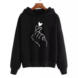 Women finger heart printed long sleeve drawstring hoodie sweatshirt