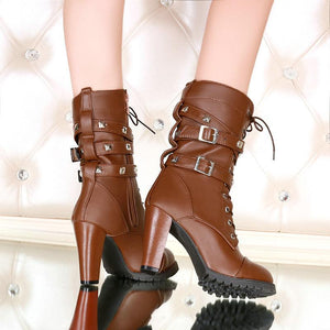 Women studded buckle strap lace up chunky high heel boots