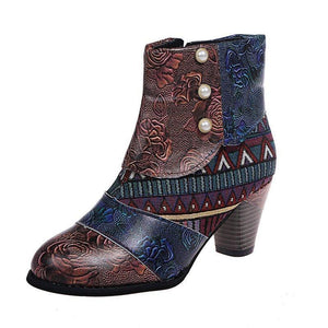 Women retro flowers printed side zipper chunky high heeled booties