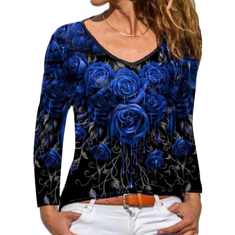 Women rose flowers long sleeve v neck graphic tees
