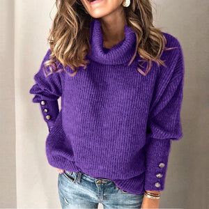 Women Plus Size Rivet Long Sleeve Plain Turtle Sweater