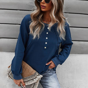 Women solid color long sleeve button pullover crewneck sweatshirt