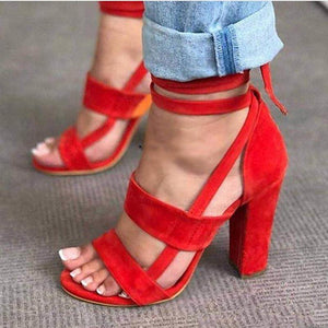 Women criss cross strappy lace up peep toe chunky heels