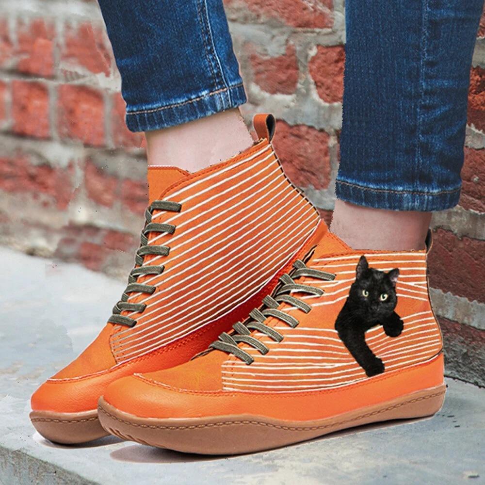 Women cat printed lace up comfortable flat boots