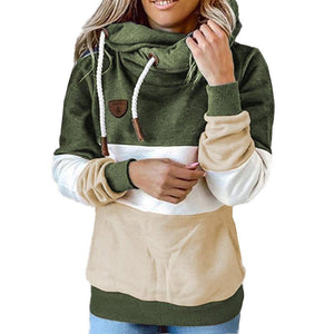 Women color block turtleneck winter fall drawstring hoodie sweatshirt