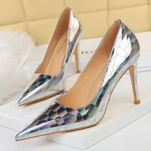 Women pointed toe metal printed mirror stiletto high heels