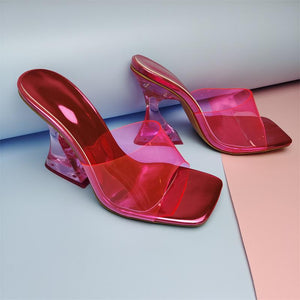 Women square toe clear strap slide chunky high heels