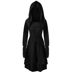 Female's Vintage Renaissance Costumes Hooded Robe Lace Up Dress | Front tie-up Hoodie Dress