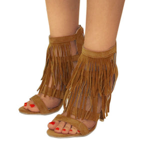 Women solid color peep toe fringe back zipper stiletto heels