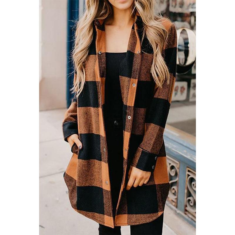 Women color block long sleeve tops lightweight plaid coat