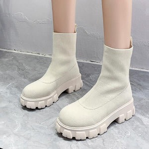 Women chunky platform solid color slip on sock booties