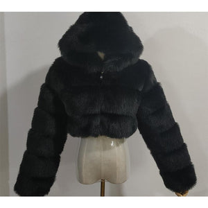 Women hooded cropped solid color long sleeve faux fur coat