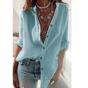 Women solid color long sleeve button up v neck tops