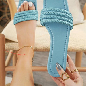 Women fashion woven strap square toe slide flat sandals