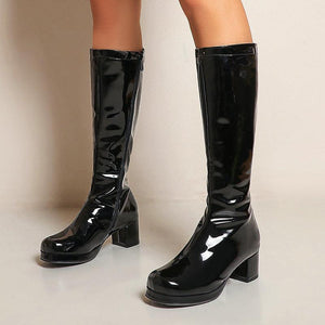 Women solid color block heel platform PU patent leather mid calf boots