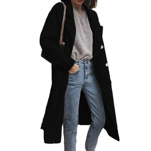 Women long double breasted tweed solid color duster coat