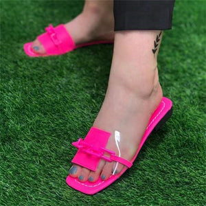 Women square toe clear strap chain decor flat slide sandals
