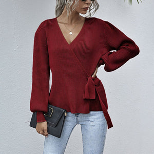 Women v neck bowknot lantern sleeve wrap sweater