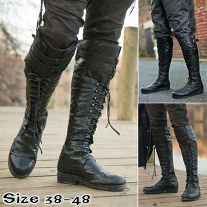 Black knee high combat boots lace-up biker boots flat knight boots