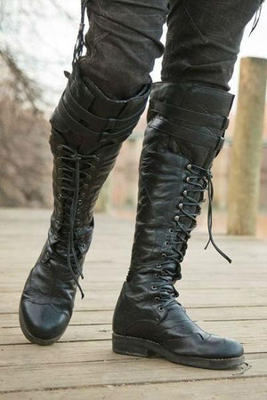 Black knee high combat boots lace-up biker boots flat knight boots