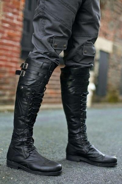 Black knee high combat boots lace-up biker boots flat knight boots