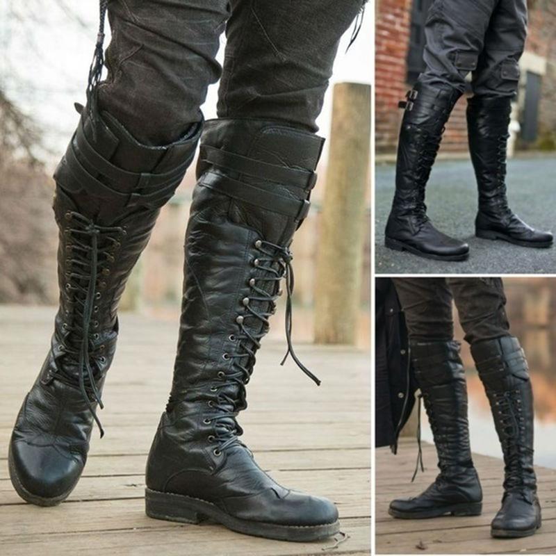 Black knee high combat boots lace-up biker boots flat knight boots