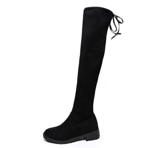 Black thigh high chunky boots elasitc suede over the knee boots