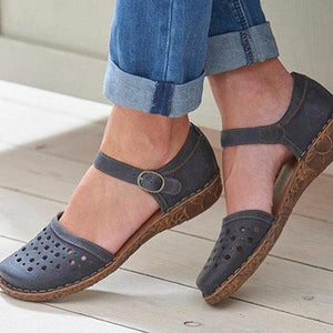 Hollow closed toe ankel strap sandals flat walking sandals for women