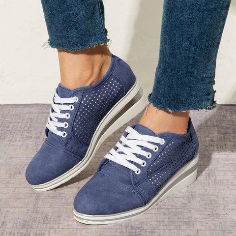 Women Fashion Lace Up Hollow Out Wedge Heel Sneakers - fashionshoeshouse